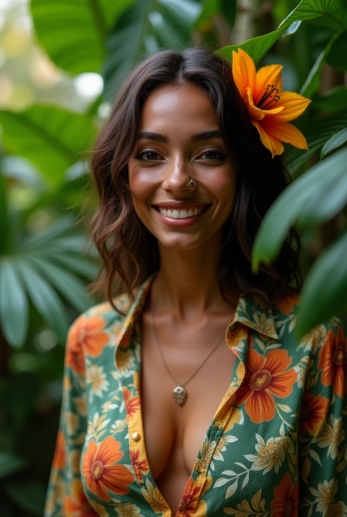 A Brazilian woman in a lush tropical garden, wearing an open shirt with a floral print, with a close-up capturing the harmonious beauty between her breasts and the natural flowers, showing off your natural charm and outgoing personality.