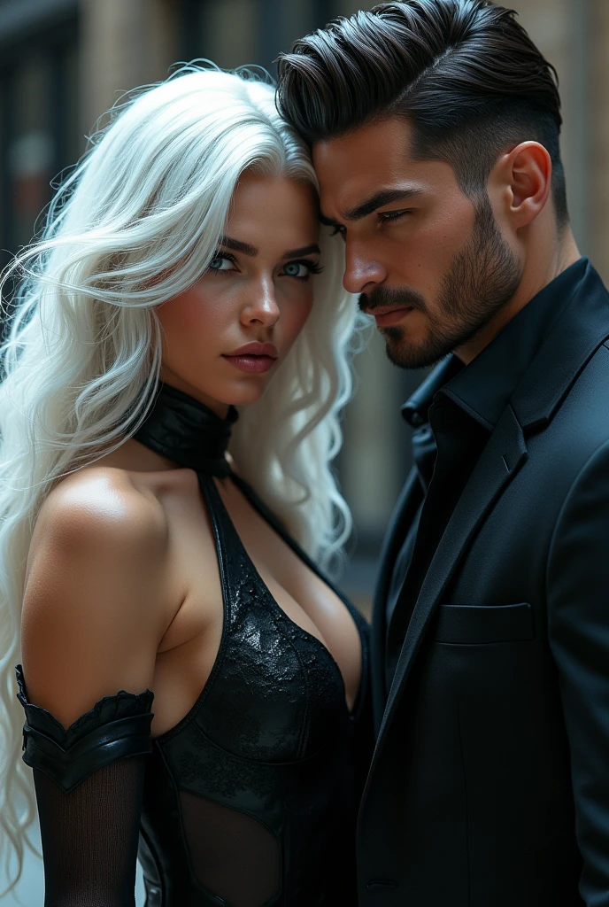 a beautiful assassin female with loge white hair ready to kill a handsome assassin man with short black Marietta hair style 