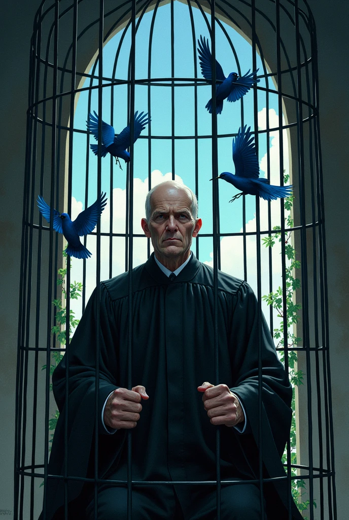 A bald judge trapped in a cage and several blue birds flying outside
