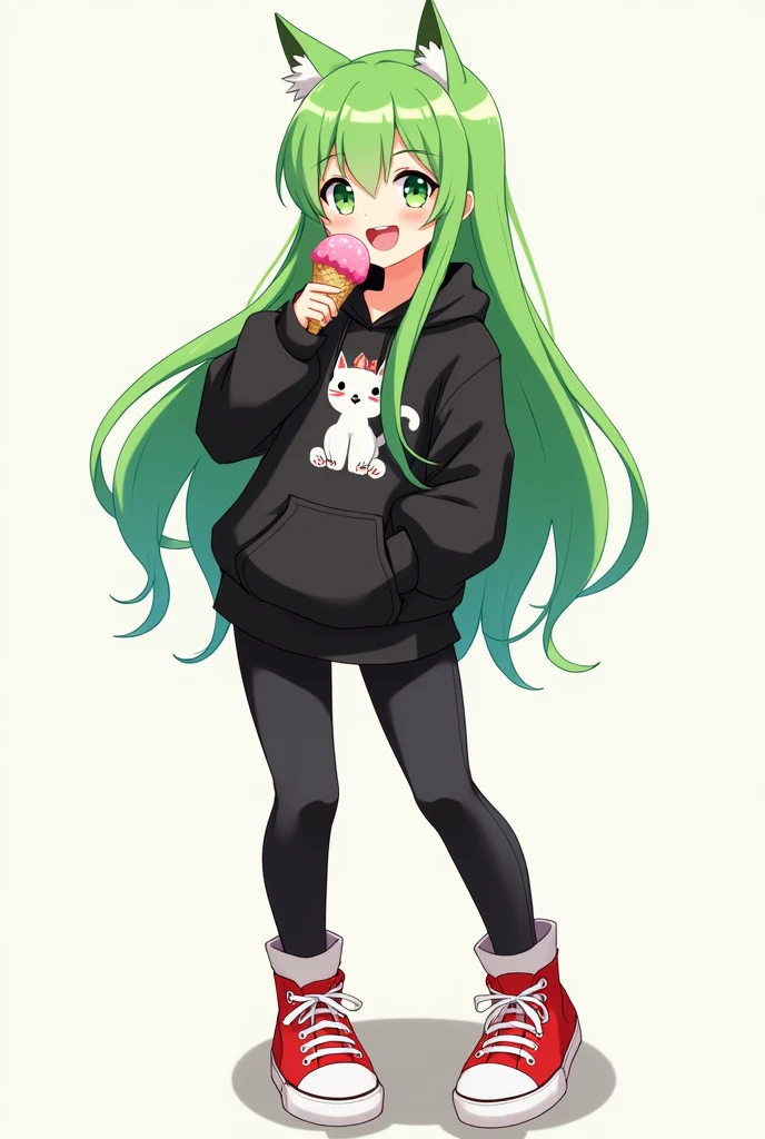 Anime girl with green and long hair, eating icecream, smiling, black hoodie with a cat print on the chest, black jeans, red converse shoes
