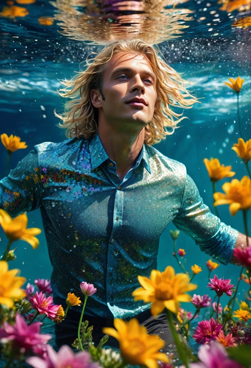 colorful, sea of flower.Handsome blonde man is flying on the water with a lot of flowers . dappled sunshine., underwater, wet cloth, wet face, .super wild shot, low angle shot 1.5 very rich color background, separate background.photo taken at eye level,DSLR,canon EOS RS,ultra quality,sharp focus,tack sharp, depth of field (dof). Film grain,crystal clear,8k UHD, highly facial features, high detailed background. Art supplies.Epic composition,,ultra HD, Very Good quality ,magical effect , Photorealistic. Perfect composition, underwater composition, the ocean. The water. Flora and fauna . .Glowing Magic glitter on the man face. Perfect realistic hair, detailed face , detailed skin . boubbles. magic lights flowers everywhere