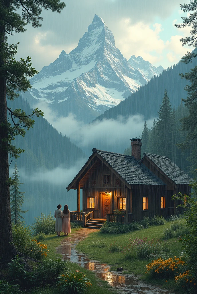 Rain with beautiful mountains,house womens and couples