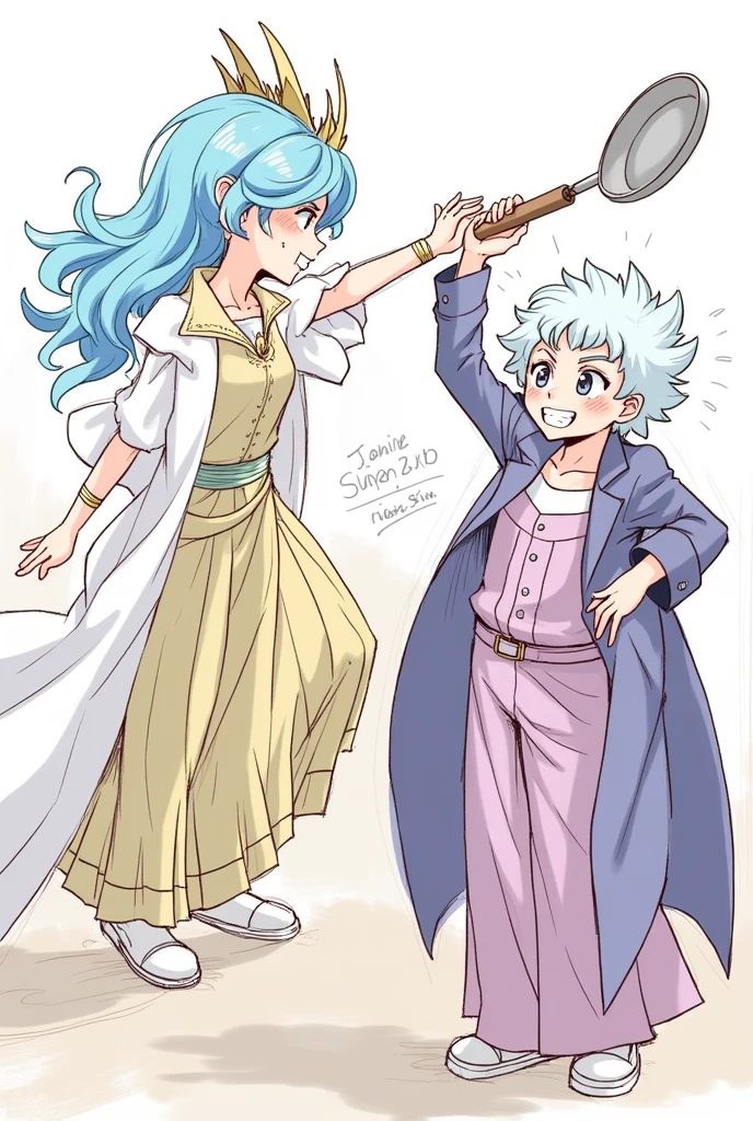 Sooo it would basically be Noel and Asta from Black Clover but in a random sketch of doing different silly things. I imagine Noel hitting Asta with a frying pan but blushing because he’s holding her hand