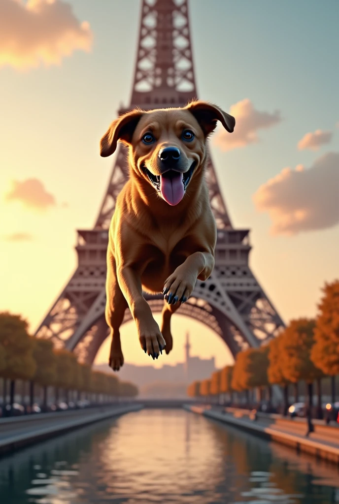 a dog jumping over the eiffel tower