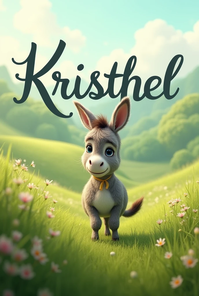 Create the phrase Kristhel in cursive with a grassland background and a donkey with a bow posing