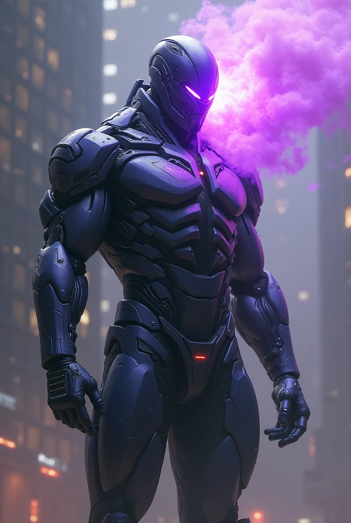 Generate an epic image of a man in a futuristic robotic suit with a mask that emits purple vapor, the suit is a varied color and is muscular.
