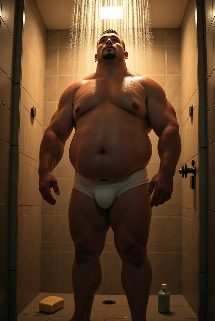 JOGADOR DE RUGBY parrudo de fully body cueca boxer branca, taking a shower under the shower turned on, protruding belly on display, fully body, fatter, soap at your feet, bathroom background with shower on, humid, vapour, water, immersive and sensual lighting
