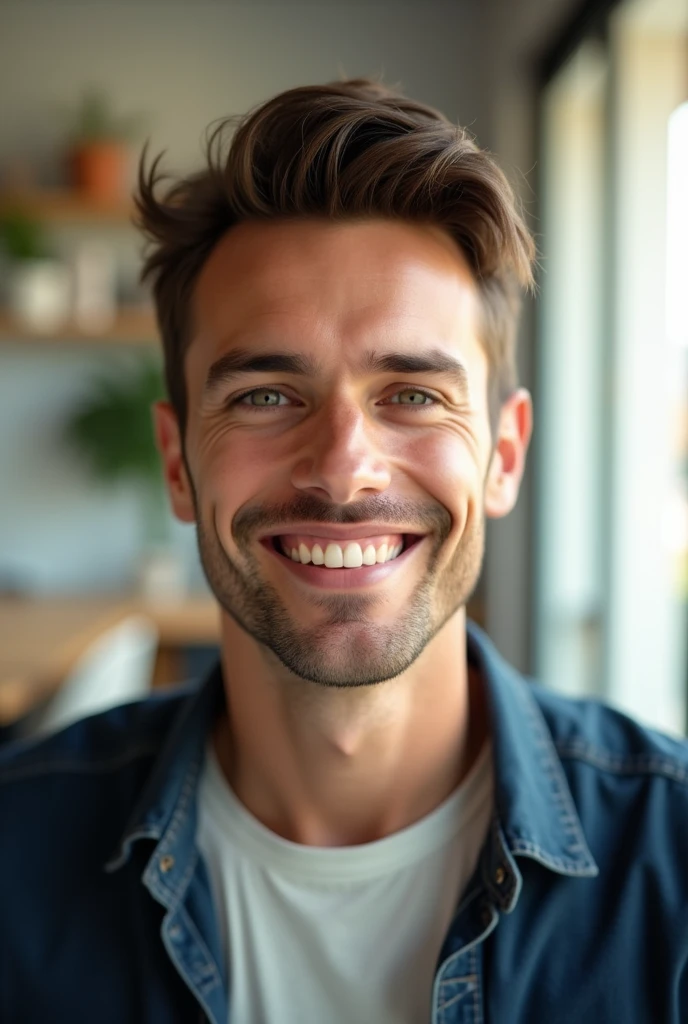 "a ugc creator looking straight at the camera with balanced lighting on their face, male. Bright environment --v 6.0 -"