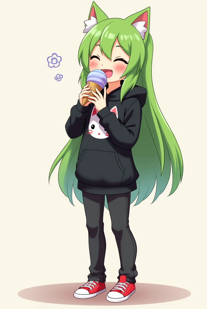 Anime girl with green and long hair, eating icecream, smiling, black hoodie with a cat print on the chest, black jeans, red converse shoes