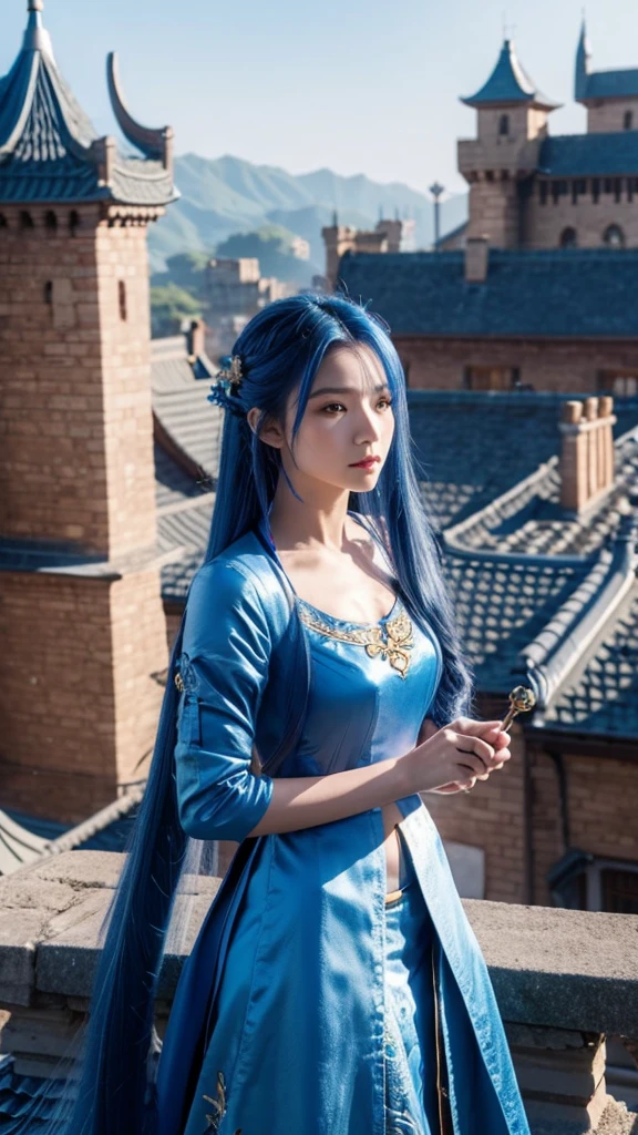 Female warrior with long blue hair、With a little dragon by my side。castle rooftop