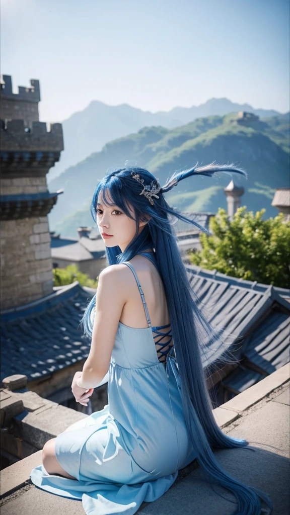 Female warrior with long blue hair、With a little dragon by my side。castle rooftop