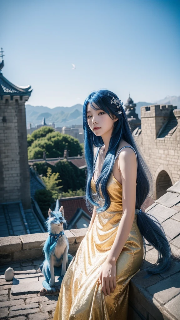 Female warrior with long blue hair、With a little dragon by my side。castle rooftop