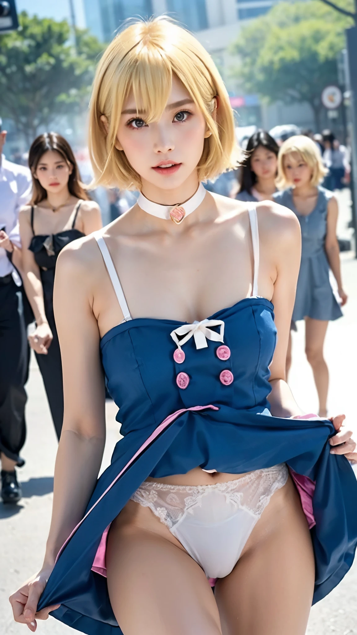 16K quality、Highest quality、It is high resolution.、Real photo、((Full body portrait))、((Luxurious lounge))、(((M字開脚してパンティを見せているとても美しいBlonde日本人のアイドル)))、(((Cute idol exposes her boobs from her black and pink dress:1.5)))、(((A cup breasts、Flat chest exposed、Small nipples:1.5)))、(((Black and pink idol dress、Frills、he spreads her legs wide open to show her white panties under her dress、She lifts up the bottom of her dress to reveal her white panties:1.5)))、(((The climax of sexual pleasure、Embarrassed expression:1.5)))、((blush))、(((Beautiful golden hair、Short Hair)))、(((Blonde:1.5)))、((White long boots))、((She spreads her legs wide to show her white panties))、(High cut high leg white panties)、Shiny earrings、((blue eyes))、choker、Beautiful legs、(Big eyes、No makeup,)、 subtle eye shadow、Perfect body、Perfect hands、Perfect Fingers、Detailed and beautiful thin lips、A clear, beautiful face and well-proportioned eyes、Long eyelashes、double eyelid、A neat nose、Thin eyebrows、Border Light、Realistic Light、 Cute round face, Plump thighs、Accentuate your thighs、Hairstyle with bangs、Slender body、slim、Light-reflecting skin、Sweating all over、Model body type、8Head to Body、Low - Angle、The light reflected in your eyes、Smaller face、Lip gloss、Looking away、Background blur、Movie lighting from the front、Light on face