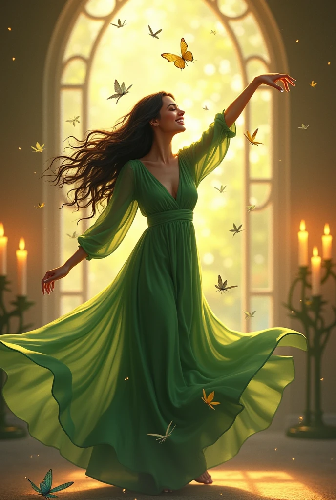 A woman with very long wavy black hair, white with long nails, green dress dancing and singing free and happy, candles, Windows, the sun's rays, magic, Birds, dragonflies, butterflies