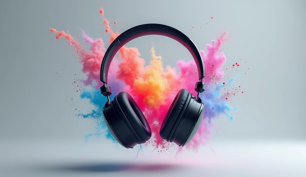 Headphones with colors in the middle as smoke, headphones in the middle, headphones front view, smoke in the center of the headphones, floating headphones, hyperrealistic headphones, modernist headphones, exquisite digital illustration, wearing a modern headset, beautiful digital artwork, beautiful artwork illustration, hyperrealistic illustration colored smoke, explosion of data fragments, realistic explosion, 3D digital art, burst, beep. hyperrealism, gray background, (ultra realistic) extreme details, (best quality, 4k, 8k, high resolution, masterpiece: 1.5)