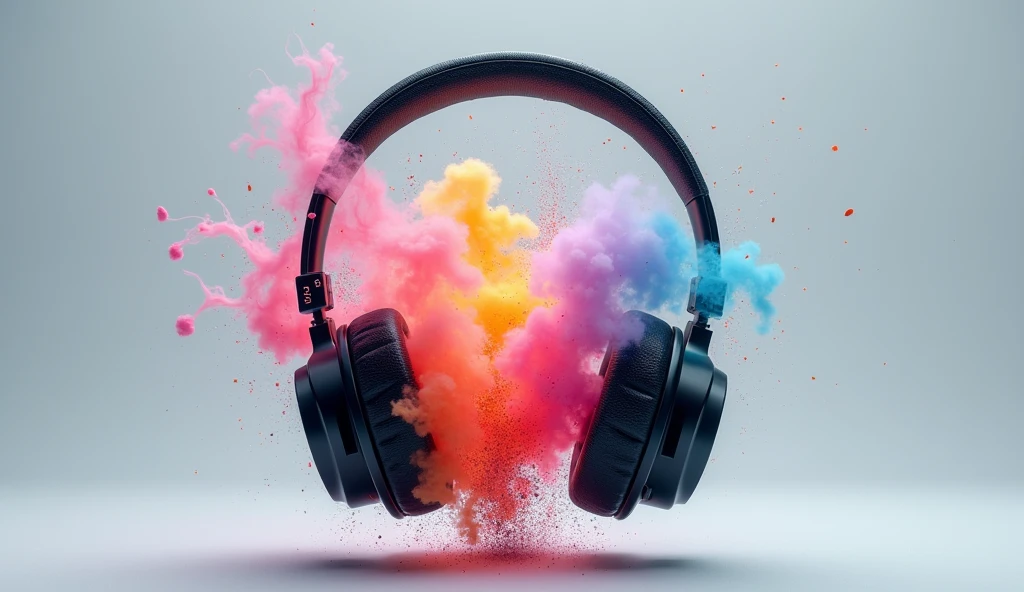Headphones with colors in the middle as smoke, headphones in the middle, headphones front view, smoke in the center of the headphones, floating headphones, hyperrealistic headphones, modernist headphones, exquisite digital illustration, wearing a modern headset, beautiful digital artwork, beautiful artwork illustration, hyperrealistic illustration colored smoke, explosion of data fragments, realistic explosion, 3D digital art, burst, beep. hyperrealism, gray background, (ultra realistic) extreme details, (best quality, 4k, 8k, high resolution, masterpiece: 1.5)