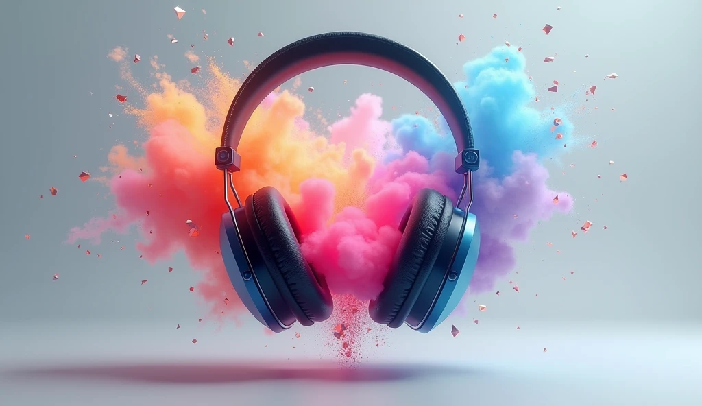 Headphones with colors in the middle as smoke, headphones in the middle, headphones front view, smoke in the center of the headphones, floating headphones, hyperrealistic headphones, modernist headphones, exquisite digital illustration, wearing a modern headset, beautiful digital artwork, beautiful artwork illustration, hyperrealistic illustration colored smoke, explosion of data fragments, realistic explosion, 3D digital art, burst, beep. hyperrealism, gray background, (ultra realistic) extreme details, (best quality, 4k, 8k, high resolution, masterpiece: 1.5)