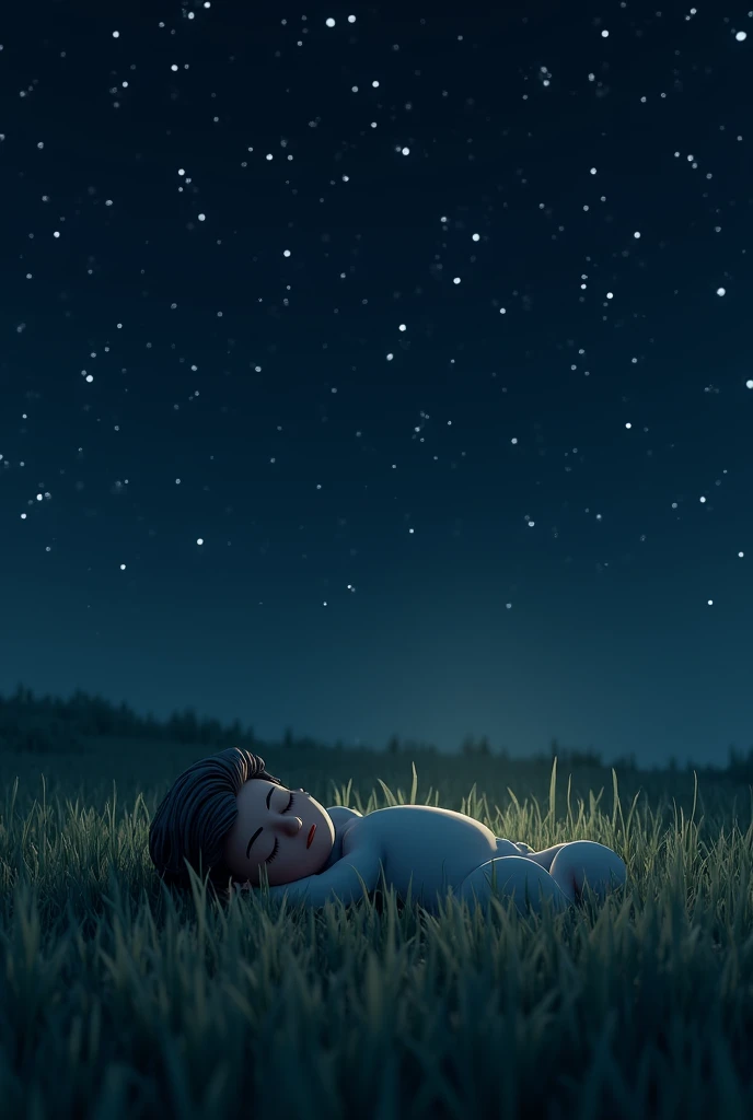 Looking sky at the night, sleeping in the grass. 3d art
