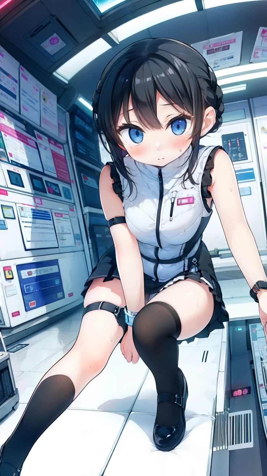 (Highest quality), (masterpiece), 1080P, High resolution, 4K, 8k, Inside the space station、Futuristic room、Thigh straps, Shooting from directly below, The woman on top of me, 白いSweat, Covered , Sweat, Woman looking down, Skirt swimsuit, Thigh-high socks, To achieve this, , , whole body, Black leather shoes, Braided hair, Inner Color, Embarrassed face, Short black hair, bracelet, Bedroom,celestial body_Vest
