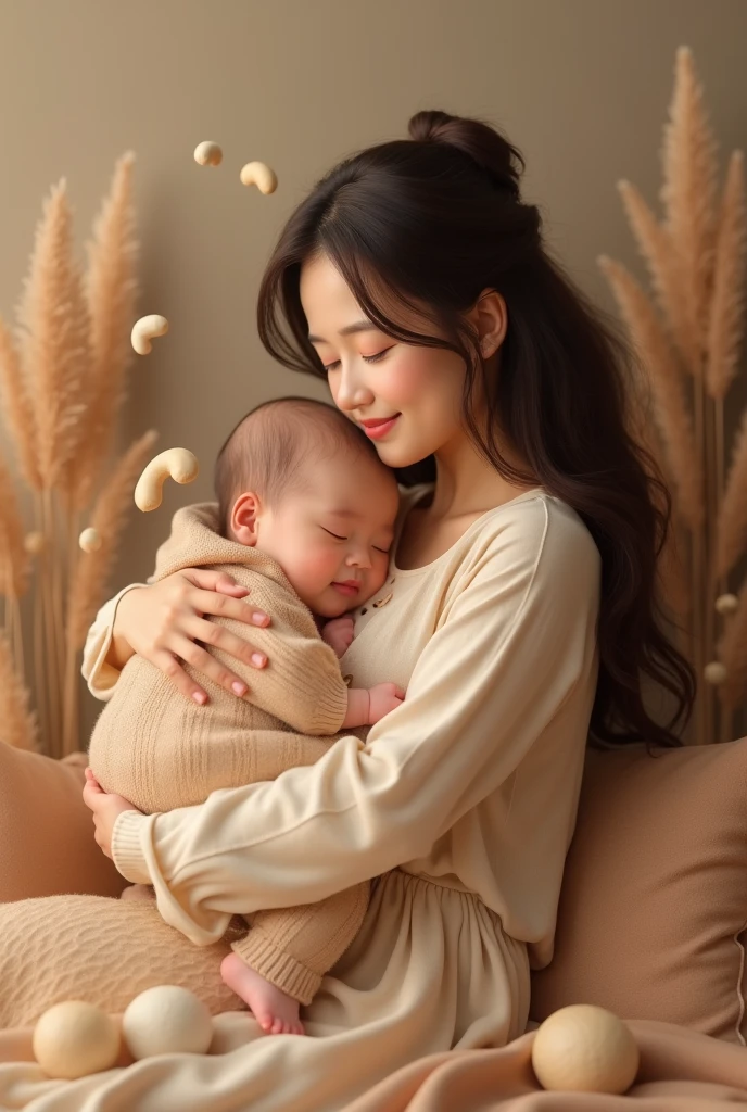 Mother holding baby , with cashew theme and accessories like cashew pacifier

