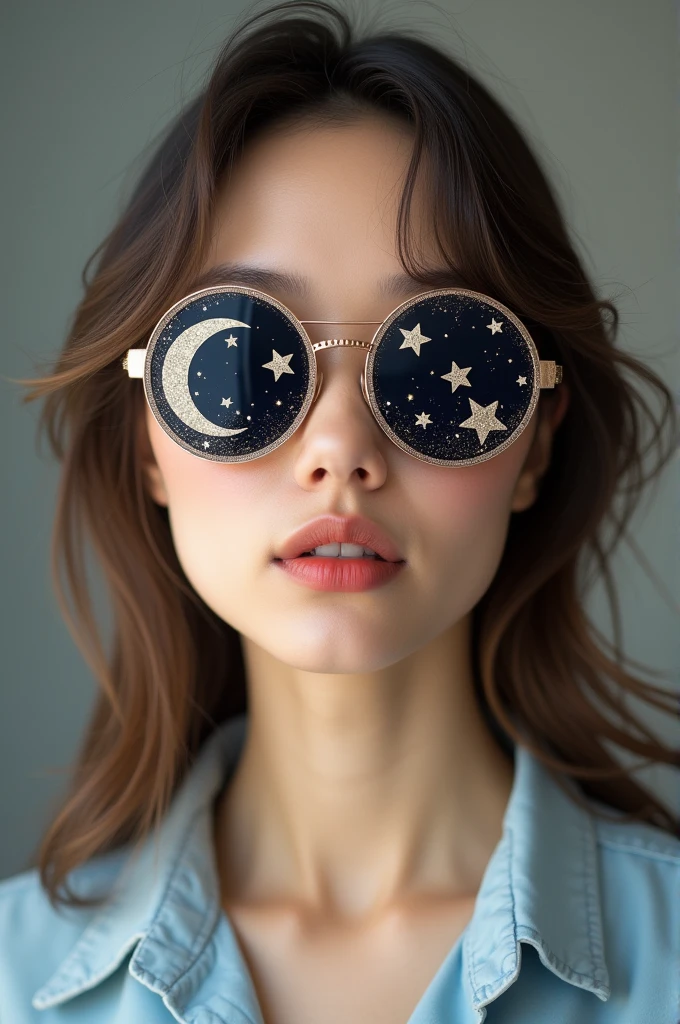 The model is wearing glass sunglasses with stars and the moon on the glass