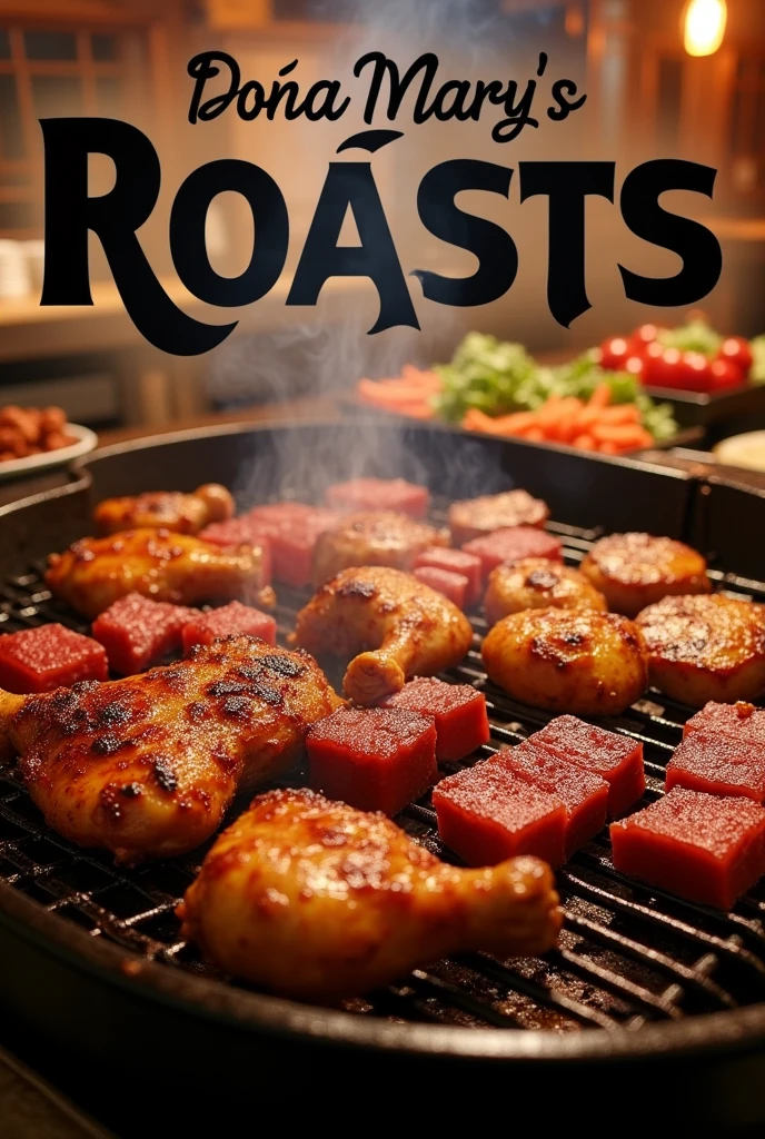 An image of a grill with chicken and meat and that says roasts in Spanish Doña Mary, for a food menu