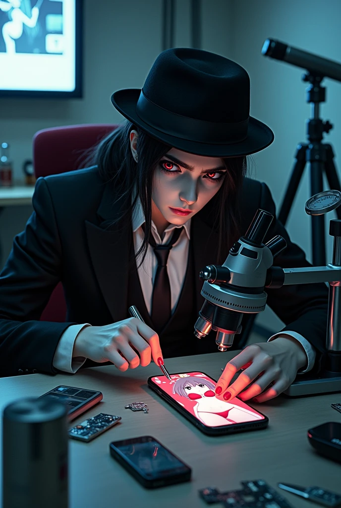Mobile phone repair center equipped with the latest equipment. Dracula with his red eyes sits on a chair looking into a microscope and repairing an iPhone. The photo is taken from above with the mobile phone holding a picture of an anime girl in a red swimsuit. The microscope is being replaced with a modern model. Dracula's hair is being lengthened with his fangs showing in his hand. A screwdriver is in the microscope with two lenses and a digital screen on the wall. The photo is a little further away with the telescope appearing. He is wearing a hat. Changing his hairstyle. Long hair is tied up. Some maintenance parts are spread out on the table.