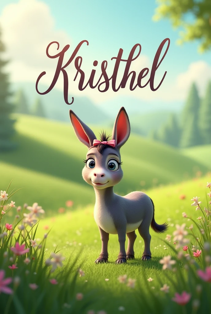 Create the phrase Kristhel in cursive with a grassland background and a donkey with a bow posing