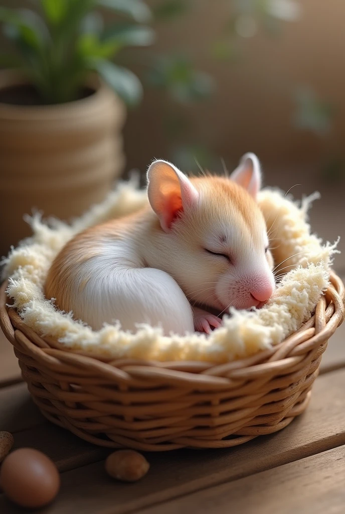 Hamster baby、Sleeping in a basket、
