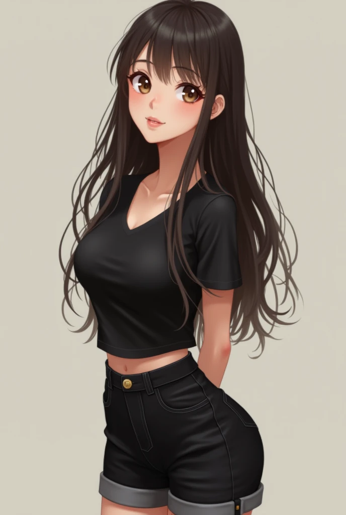 Can you have a 1,53 girl with brown hairline and black tips brown eyes snub nose medium sized lips slightly round face wrapped hourglass figure medium top black top with neckline and short black pants created