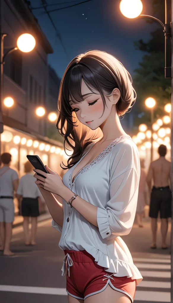 beautiful woman, street lights at night, Playing with smartphones, red shorts, black belt, negro, rosa, summer, be hot, passersby, Night gradient, fine details, barefoot, Subtle tones, There is a sense of tranquility in the image.. bokeh, 