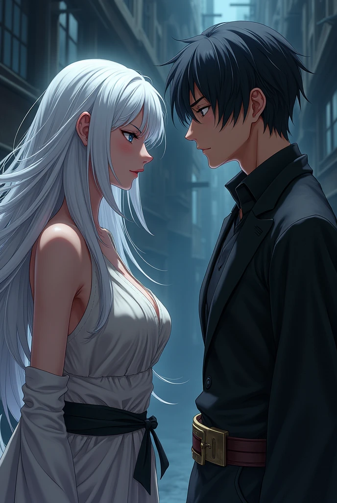 a anime beautiful assassin female with longe white hair ready to kill a anime handsome assassin man with short black Marietta hair style