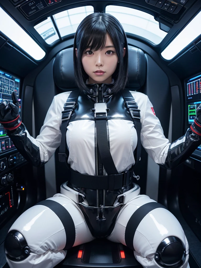 Japanese female android,Black Hair,He is securely fastened to his cockpit seat in a spacecraft by a thick harness.,Plump,Slightly thicker,Spread your legs,Squat,Shiny robot suit,Robotic arms and legs,Surrounded by switches and monitors,