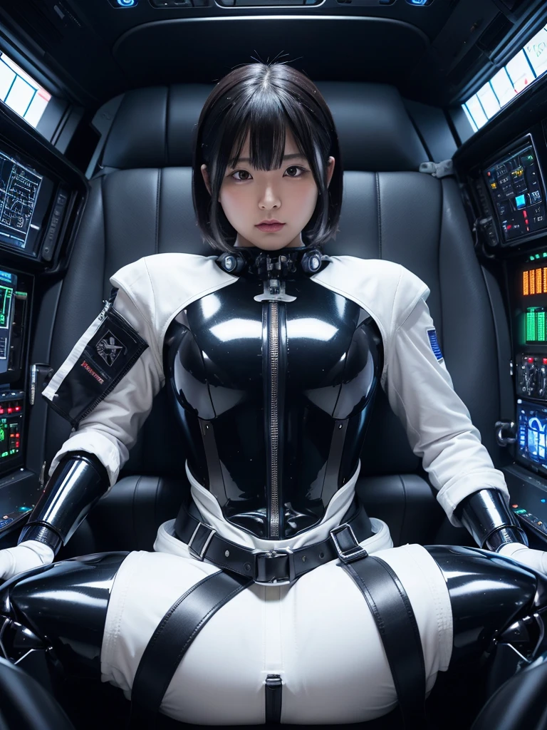 Japanese female android,Black Hair,He is securely fastened to his cockpit seat in a spacecraft by a thick harness.,Plump,Slightly thicker,Spread your legs,Squat,Shiny robot suit,Robotic arms and legs,Surrounded by switches and monitors,