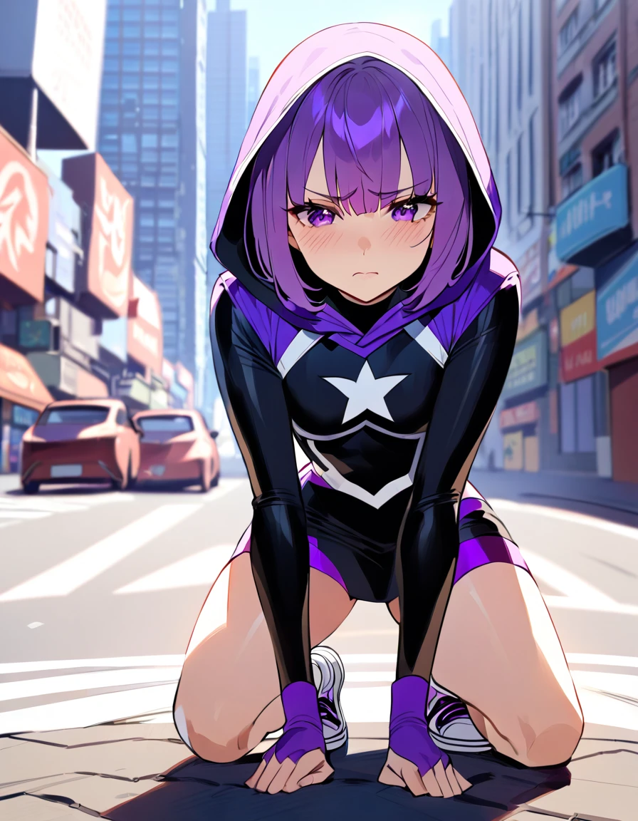 One, superhero, beautiful girl, girl in ordinary clothes, sneakers, shy, insecure girl, purple eyes, short purple hair, hood, young, facial, facing the camera, daylight background, city, weak, beautiful pose, cutie, decorations, captivating 