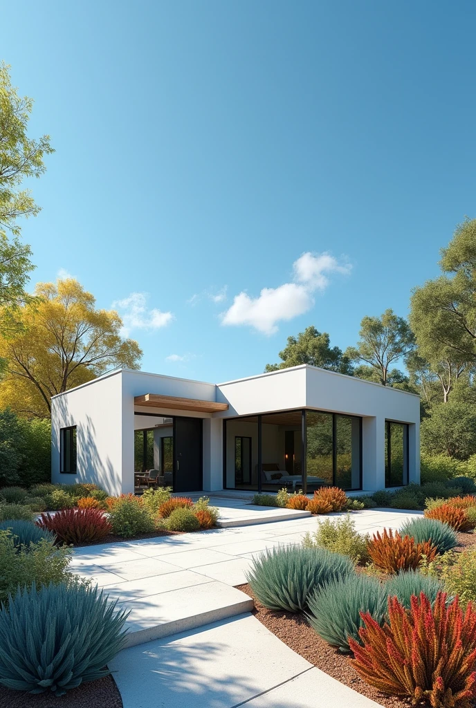 Cass flat roof one story white color large windows black aluminum trees blue sky modern architecture front view landscaping boho design colors 