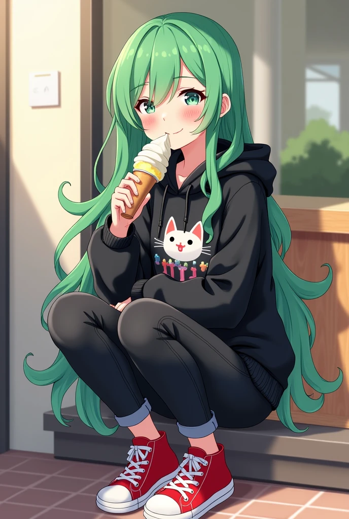 Anime girl with green and long hair, eating icecream, smiling, black hoodie with a cat print on the chest, black jeans, red converse shoes teenage looking 
