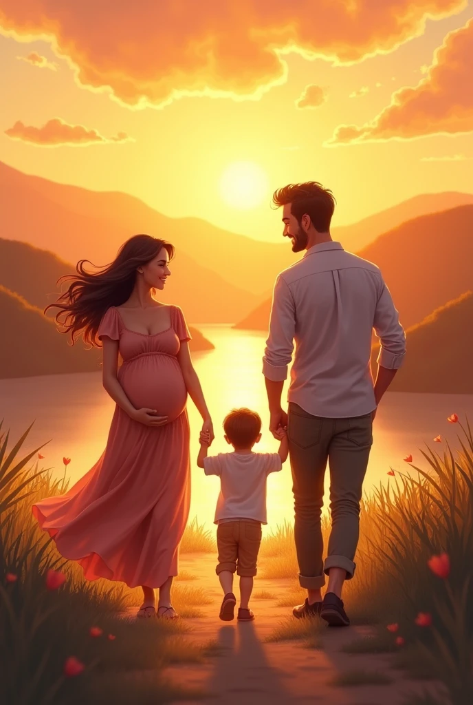 Create an image of a happy family walking in a beautiful sunset landscape with a beautiful brunette, a pregnant wife and her husband 