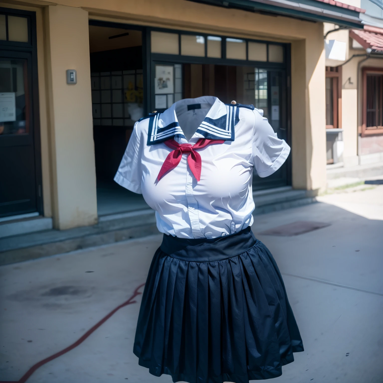 dark blue, school uniform, skirt, serafuku, pleated skirt, neckerchief, short sleeves, sailor collar, blue skirt, shirt, red neckerchief, blue socks, loafers, (invisible:1.5, no humans:1.5, headless:1.5, faceless:1.5), (cute big breasts:1.4), (8k, RAW photo, best quality, masterpiece:1.2), (realistic, photo-realistic:1.37), photon mapping, radiosity, ((Hasselblad photography)), physically-based rendering