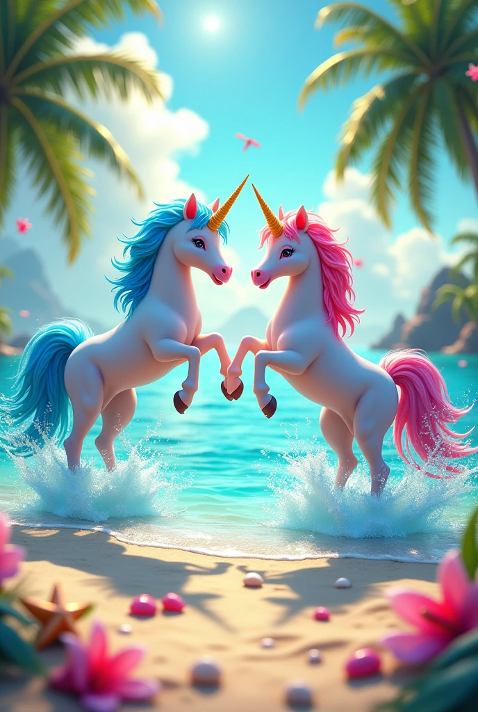 Create a colorful image with unicorns and dolphins on a happy beach

