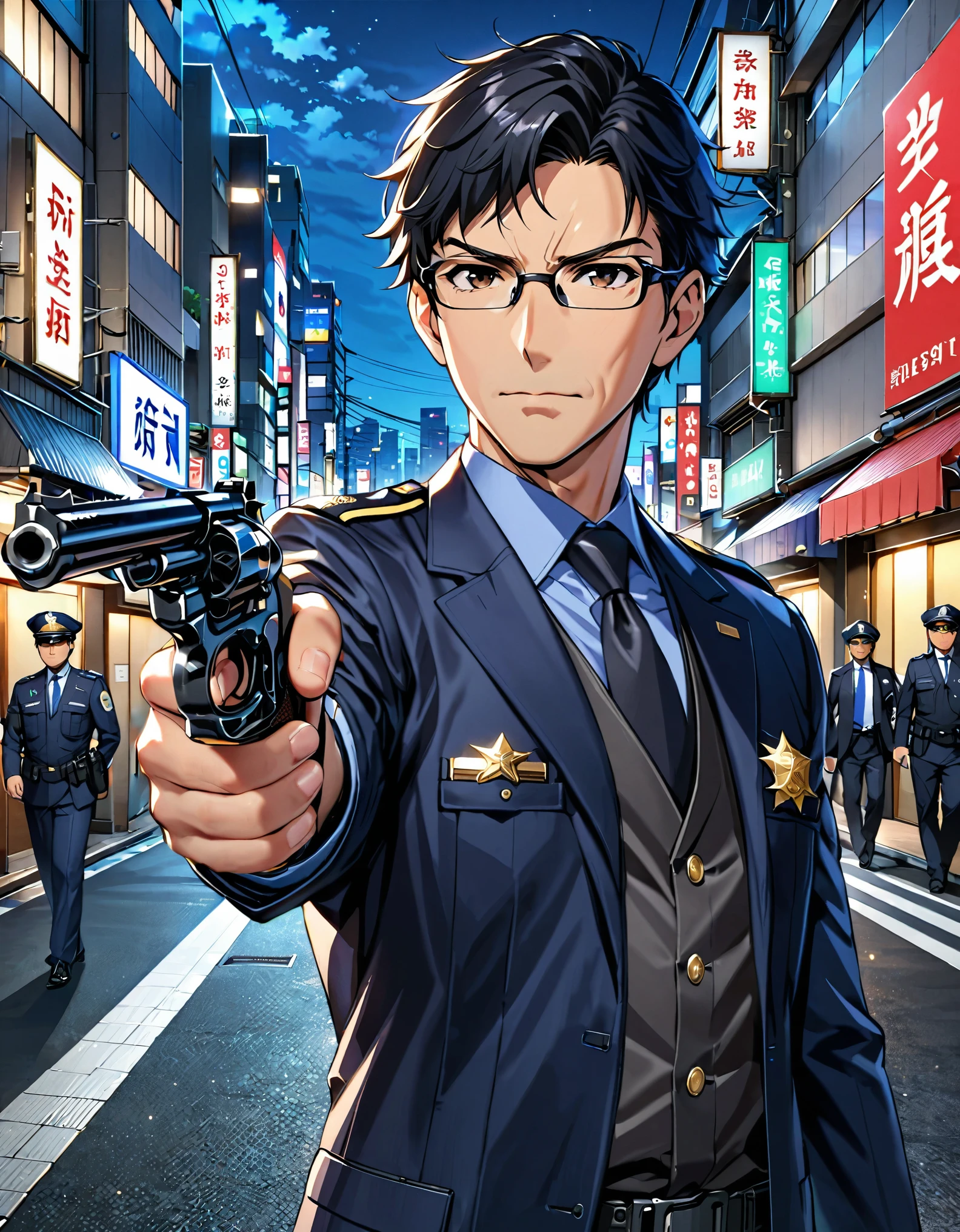 (masterpiece), (best quality), (high res), (right hand, holding gun)