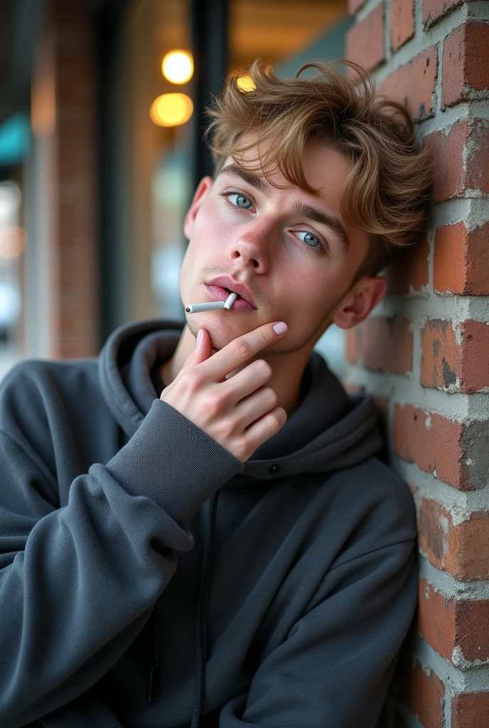 A 2 man with mid-fade blonde hair, light blue eyes, and fair skin is wearing a long-sleeved shirt and sweatshirt. He is standing in an urban setting, leaning against a brick wall, smoking a cigarette and taking a selfie with a casual, laid-back look. The city light in the background adds a modern, natural tone to the photo, while the sweatshirt and sweatshirt create a comfortable look."