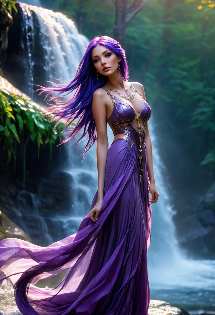 Purple haired woman in flowing dress standing in front of waterfall, very beautiful fantasy art, beautiful fantasy maiden, ((a beautiful fantasy empress)), fantasy beautiful, magnificent fantasy art style, Uhd, purple skin beautiful elf, beautiful Fantasy Empress, Beautiful sorceress with enchanting stunning cleavage,