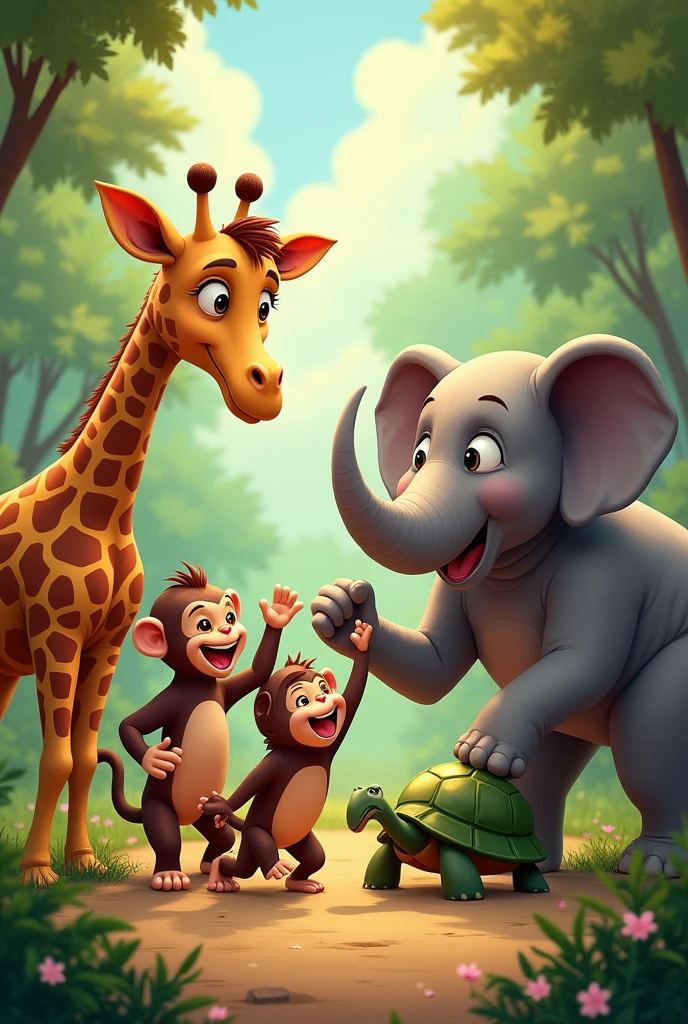 WHEN THE RACE ENDED ALL THE ANIMALS CELEBRATED LIKE THE GIRAFFE, THE MONKEY, THE RHINOSEUR, THE ELEPHANT AND THE TURTLE CELEBRATED THEIR FRIENDSHIP

