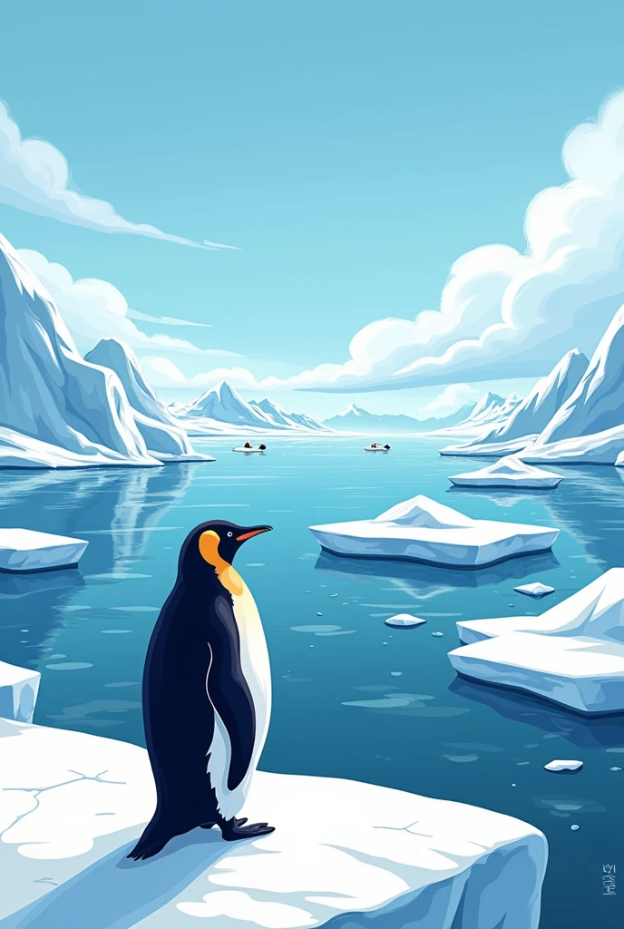 Un pingouin face à la banquise regarde passer la glace qui flotte dans l'eau , en bande dessinée