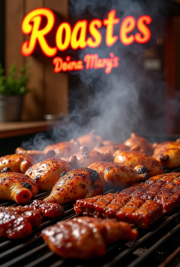 An image of a grill with chicken and meat and that says roasts in Spanish Doña Mary, for a food menu