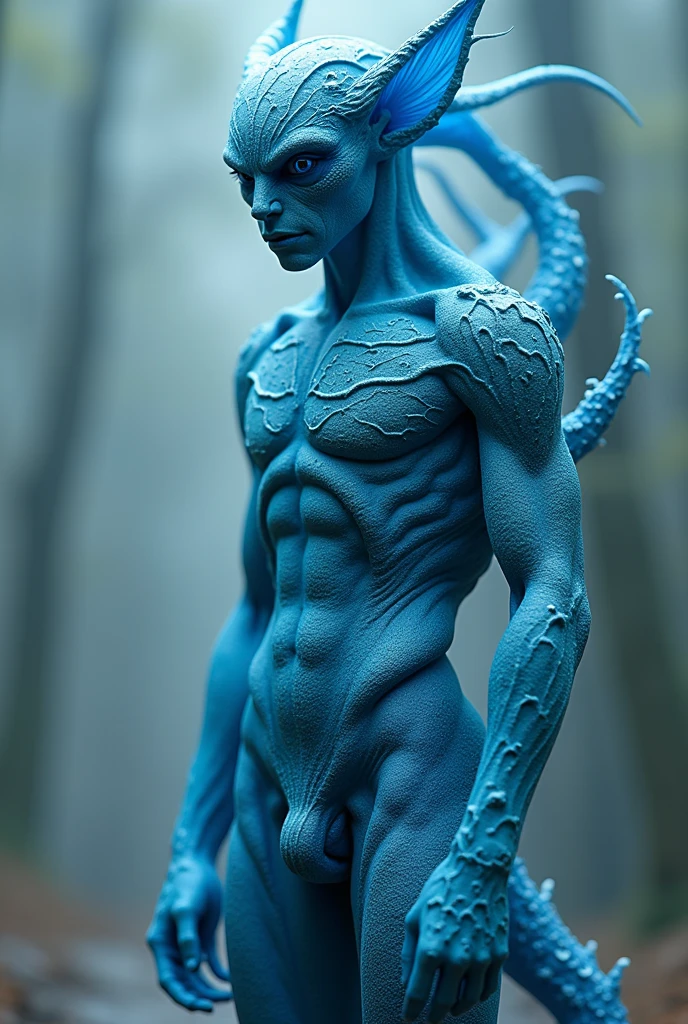 Be fantastic with textures with beautiful shapes on the skin, bright blue color, with long arms and legs, with a beautiful but not human face, male body