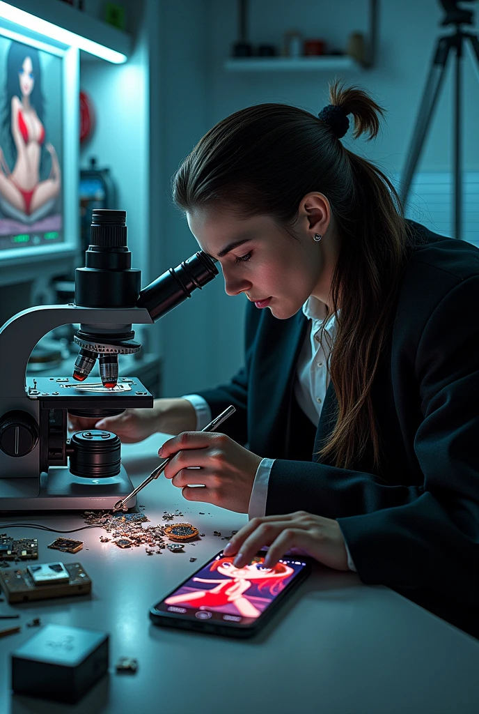 Mobile phone repair center equipped with the latest equipment. Dracula with his red eyes sits on a chair looking into a microscope and repairing an iPhone. The photo is taken from above with the mobile phone holding a picture of an anime girl in a red swimsuit. The microscope is being replaced with a modern model. Dracula's hair is being lengthened with his fangs showing in his hand. A screwdriver is in the microscope with two lenses and a digital screen on the wall. The photo is a little further away with the telescope showing. He is wearing a cap. Changing his hairstyle. Long hair is tied up. Some maintenance parts are spread out on the table.
