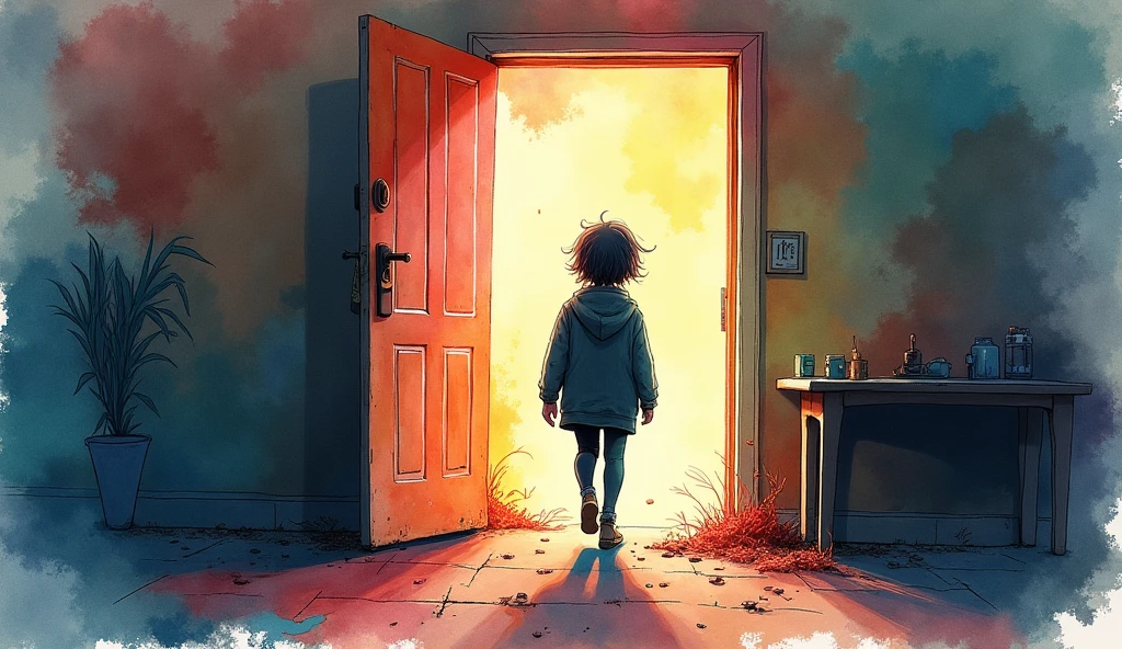 watercolor art a person leaving a place where he lived trapped colorful
