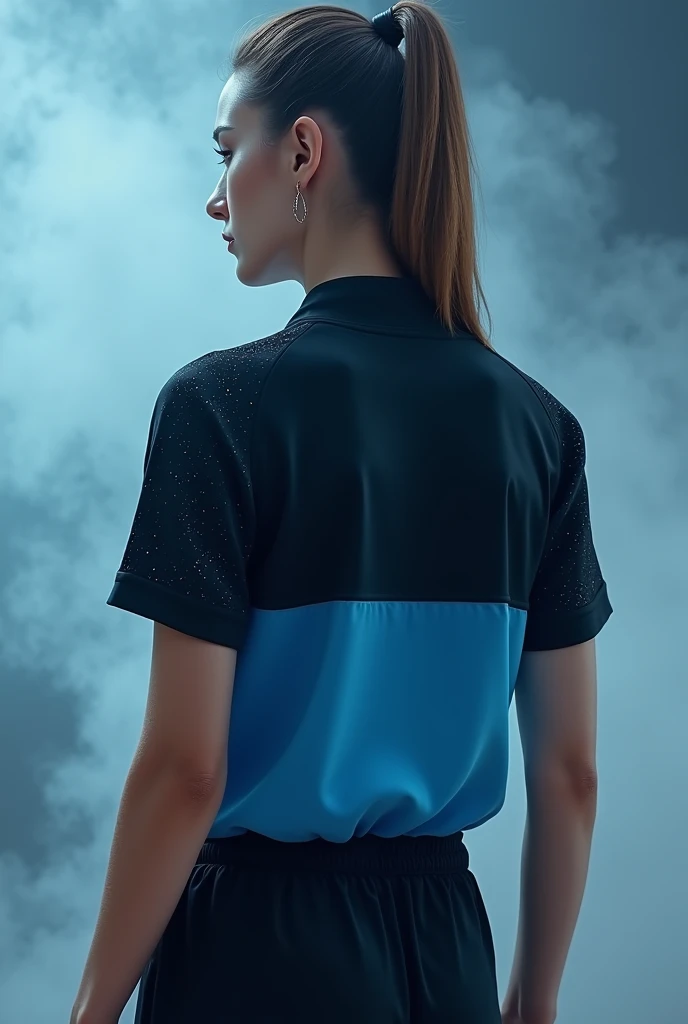 Sports blouse in the colors Black on top and Blue on the bottom with a smoky finish With short sleeves